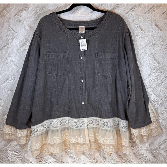 Cracker Barrel Top Women Denim Gray XL Gray Lace Pearl Snap Button-Down NWT‎ NEW - Picture 1 of 16